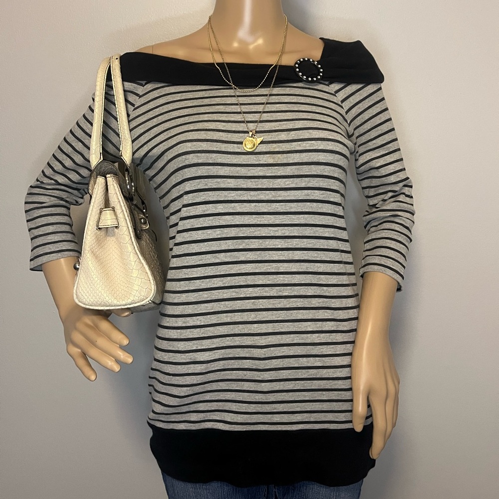 Striped Y2K 2000s Black and Gray Off-Shoulder Sweater
